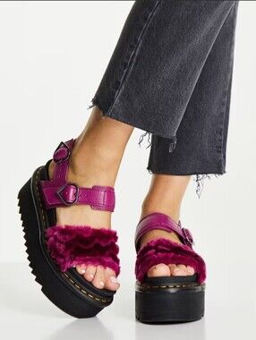 Dr. Martens Voss Fluffy Faux Fur Platform Sandals, size 8